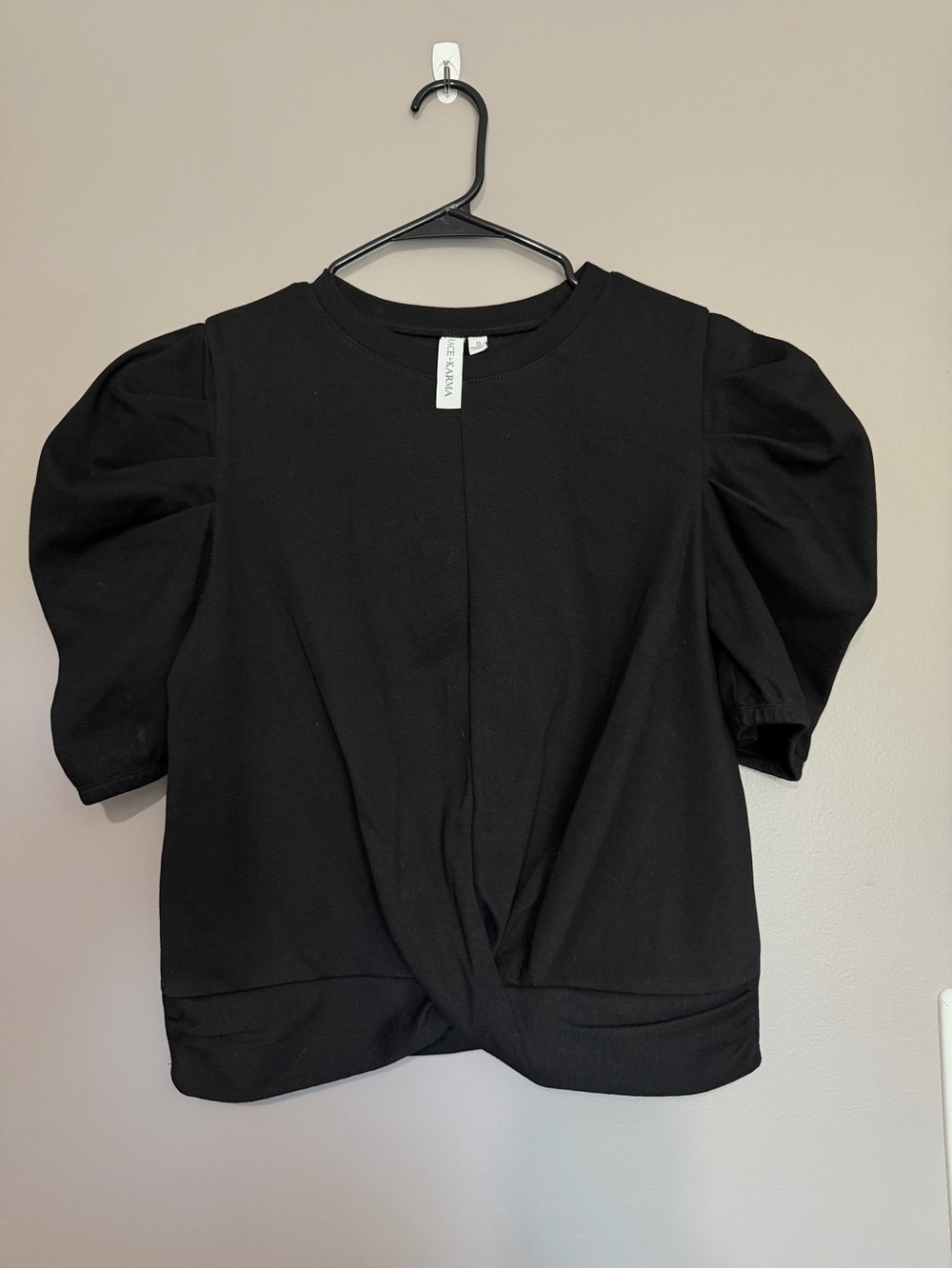 Black Puff-Sleeve Twist Front Top